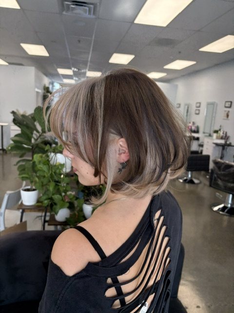 Soft blonde face framing on a dark base, back view