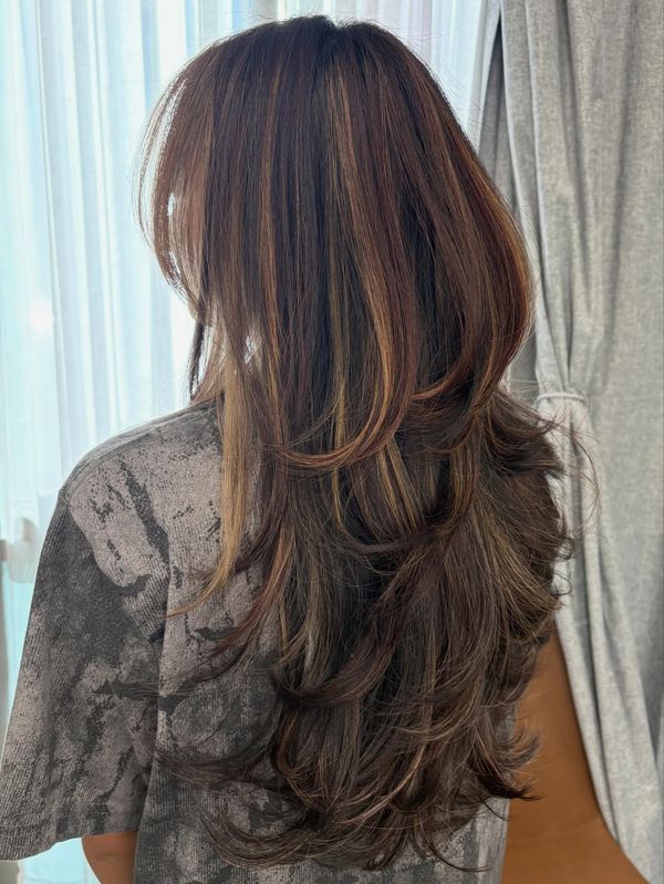 Brunette base with copper lengths and long layers