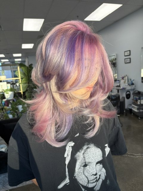 Pastel pink and lavender shag, back view
