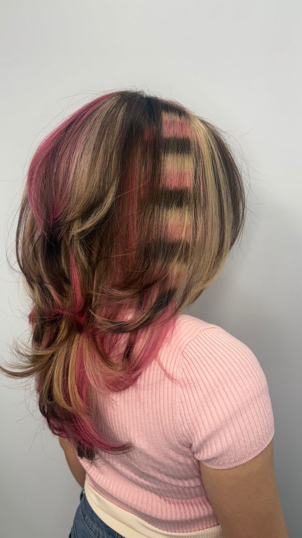 Blonde and pink hair with a hand painted animal print panel