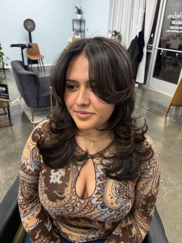 Bouncy layered blowout with highlights around the face