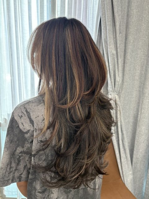 Long layers with fine highlights, back view