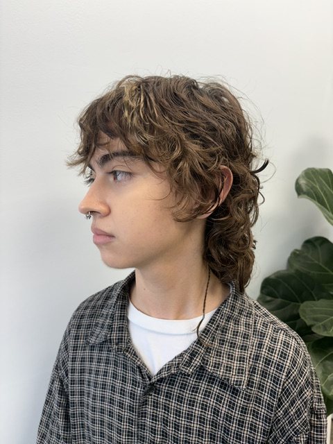 Curly mens mullet with a soft fringe