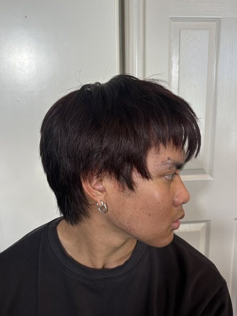 Deep plum mens mullet, side view