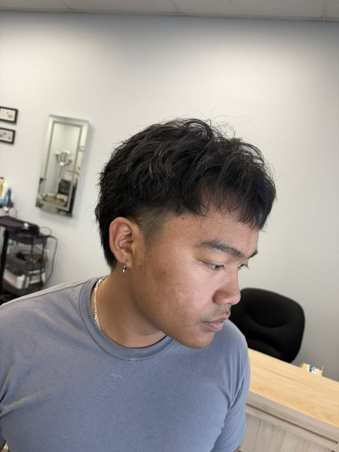 Textured mens cut with a soft fringe